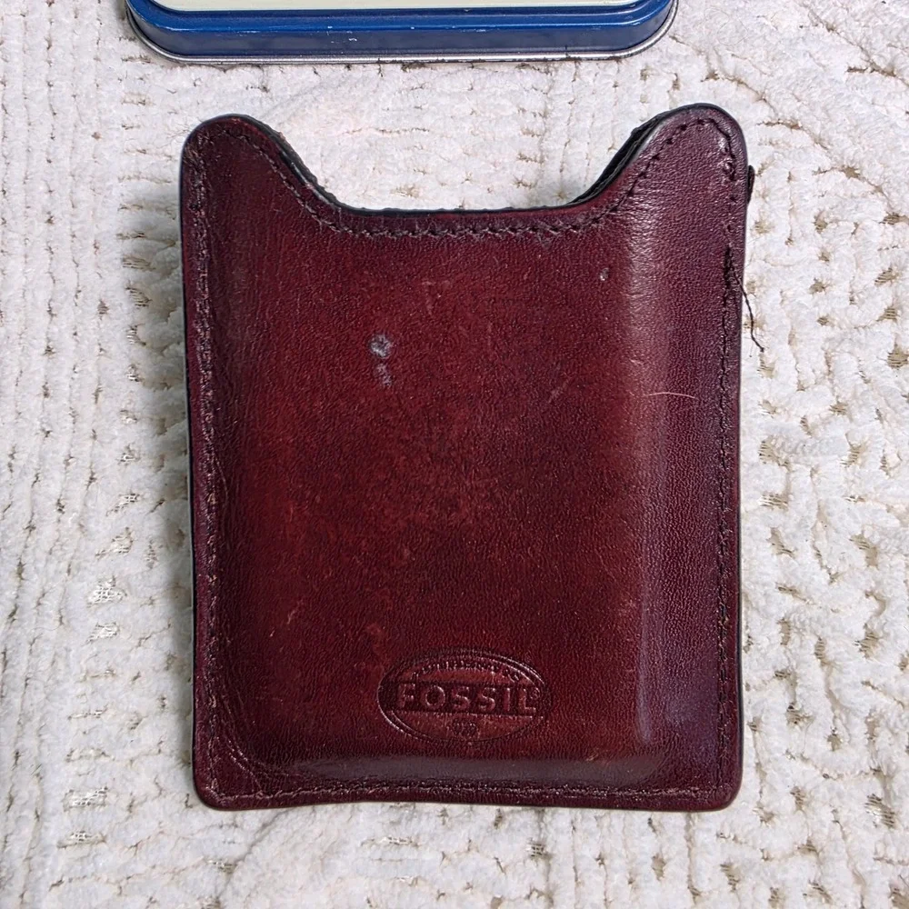 Fossil Front Pocket Wallet Burgundy Leather Money‎ Clip Mens w/ Metal Case